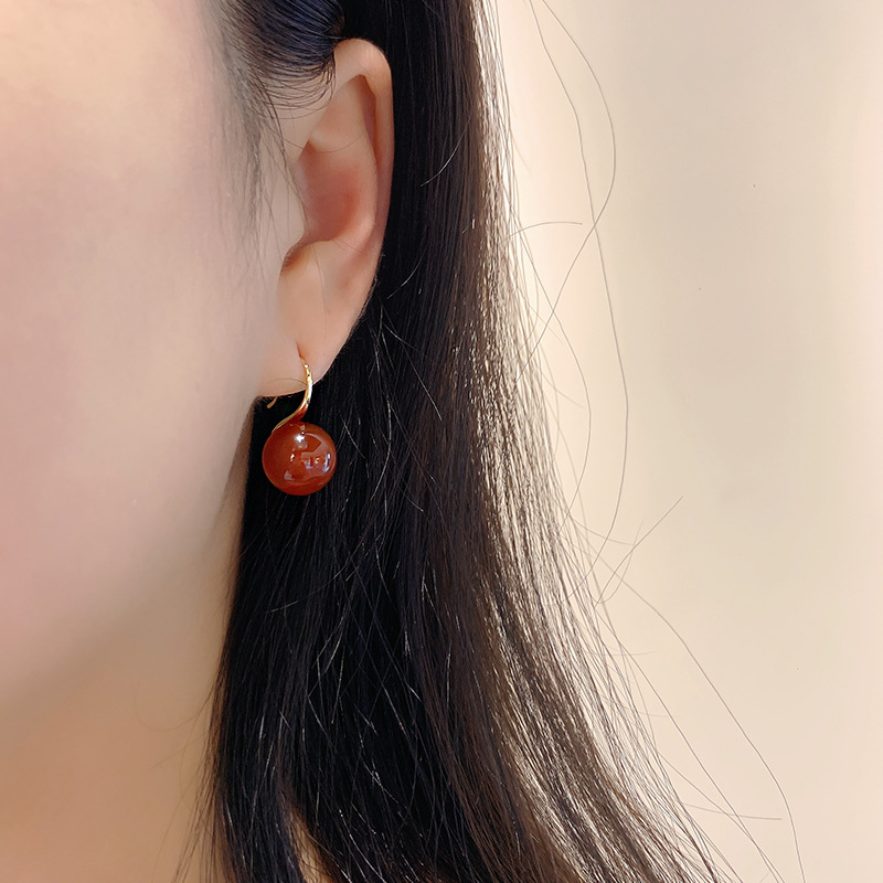 Year of Birth Red Agate Earrings Women's Graceful Online Influencer Design Sense Ear Hook Fashion New Trendy Retro Ear Hook Earrings