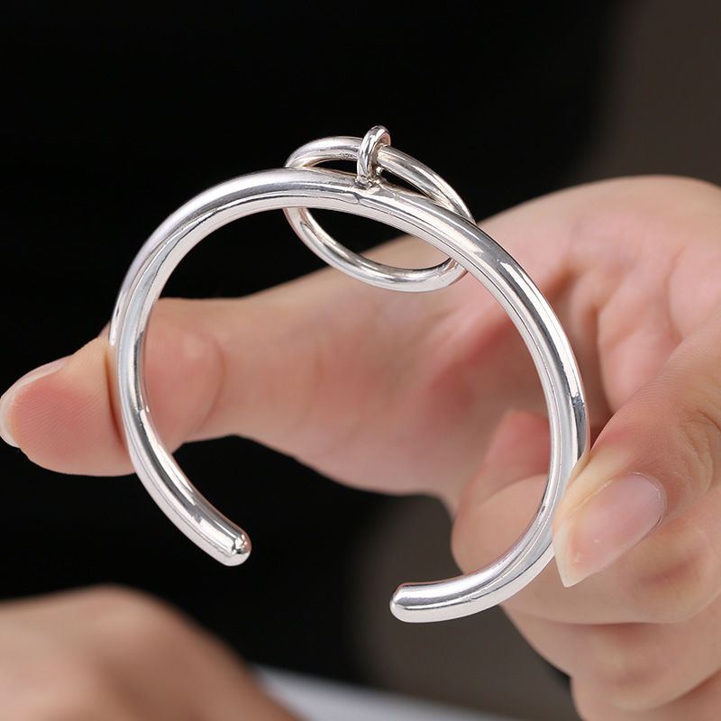 s925银光面素圈吊环手镯男女 韩版简约开口几何重工实心圆环手环