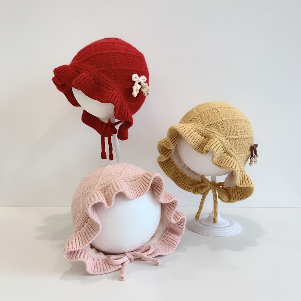 两朵花菱形格婴儿帽子秋冬季毛线帽批发冬小童棉里保暖宝宝针织帽