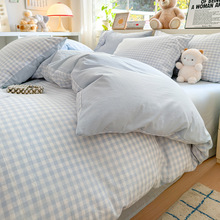 日式蓝格子新品新品四件套宿舍床单被套床上三件套单双人简约被罩