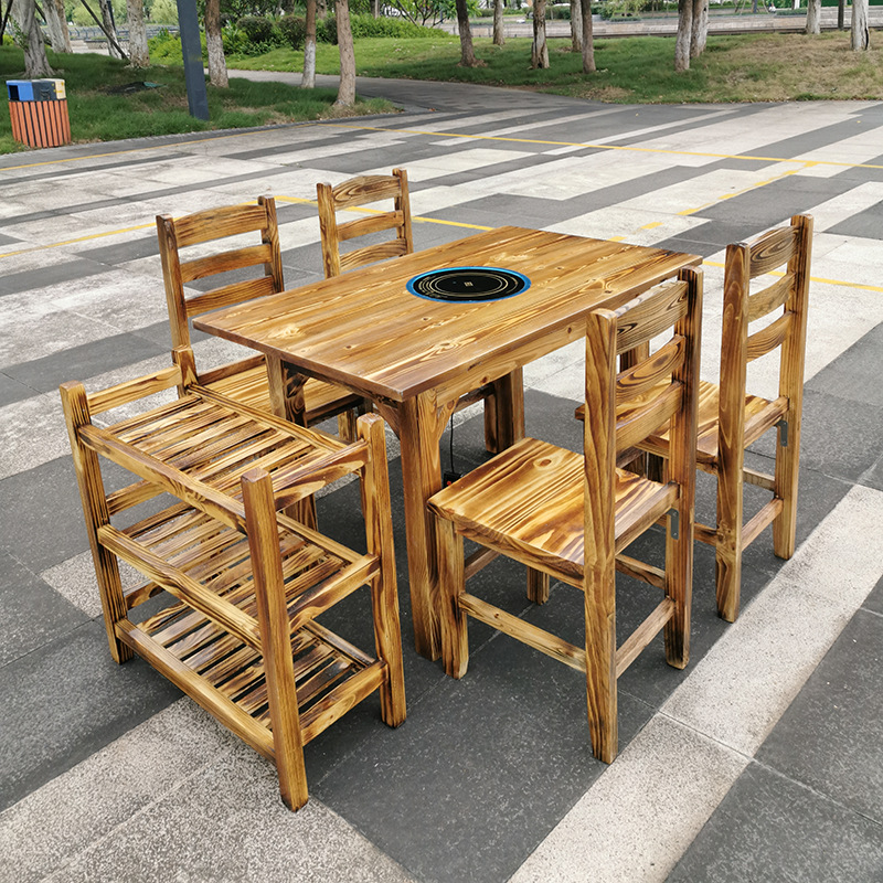 实木火锅桌子电磁炉一体式餐厅大排档火锅店餐馆商用饭店长方桌椅