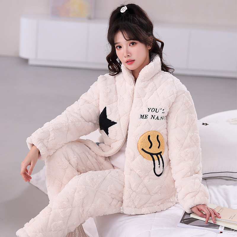 睡衣女冬三层加厚立领拉链夹棉中华绒加绒棉袄家居服套装2023新款