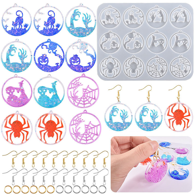 DIY Halloween Abrasive Tools Witch Demon Cat Hand Pumpkin Spider Earrings Pendant Epoxy Silicone Mold
