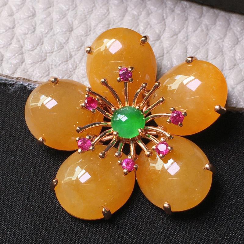 翡翠镶金玉吊坠梅花 缅甸天然玉石a货冰种冰黄证书高端礼物0303