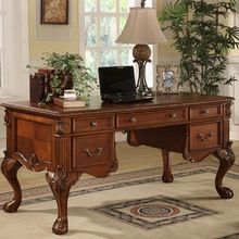 美式实木仿古雕花书房书桌办公桌家用书台欧式电脑桌学生写字台