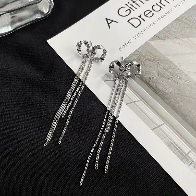 Style Bow Long Chain Tassel Stud Earrings Sterling Silver Needle Metal Ins Earrings Personalized Cold Style Earrings