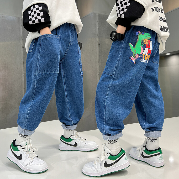 Boys' Jeans Autumn and Winter Fleece-Lined Long Pants Korean Style 2023 New Outdoor Boys' Loose Pants Fashion