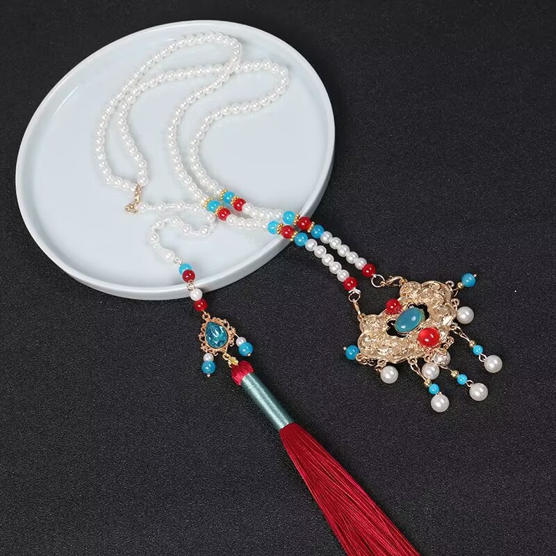 手工长款璎珞项链明制立领流苏软璎珞汉服配饰长命锁金锁汉服项圈