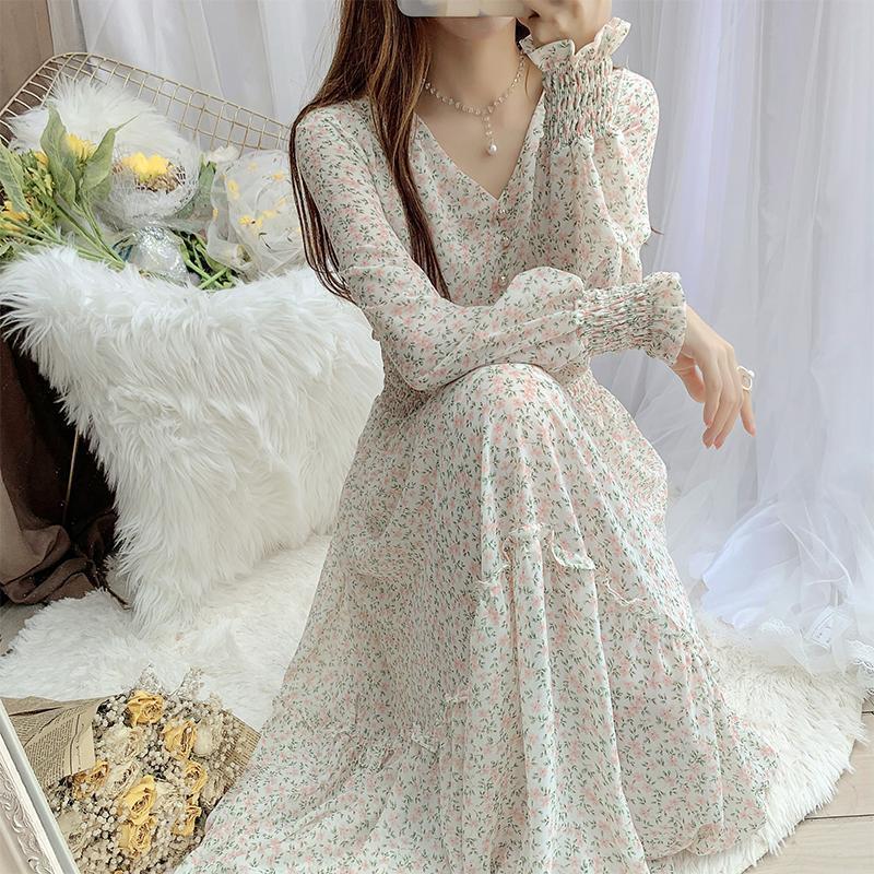 Qingshuxin Women's Floral Skirt Chiffon Dress Long Skirt Women's Spring New Korean Style Fairy Dress Ruffled Large Swing Skirt