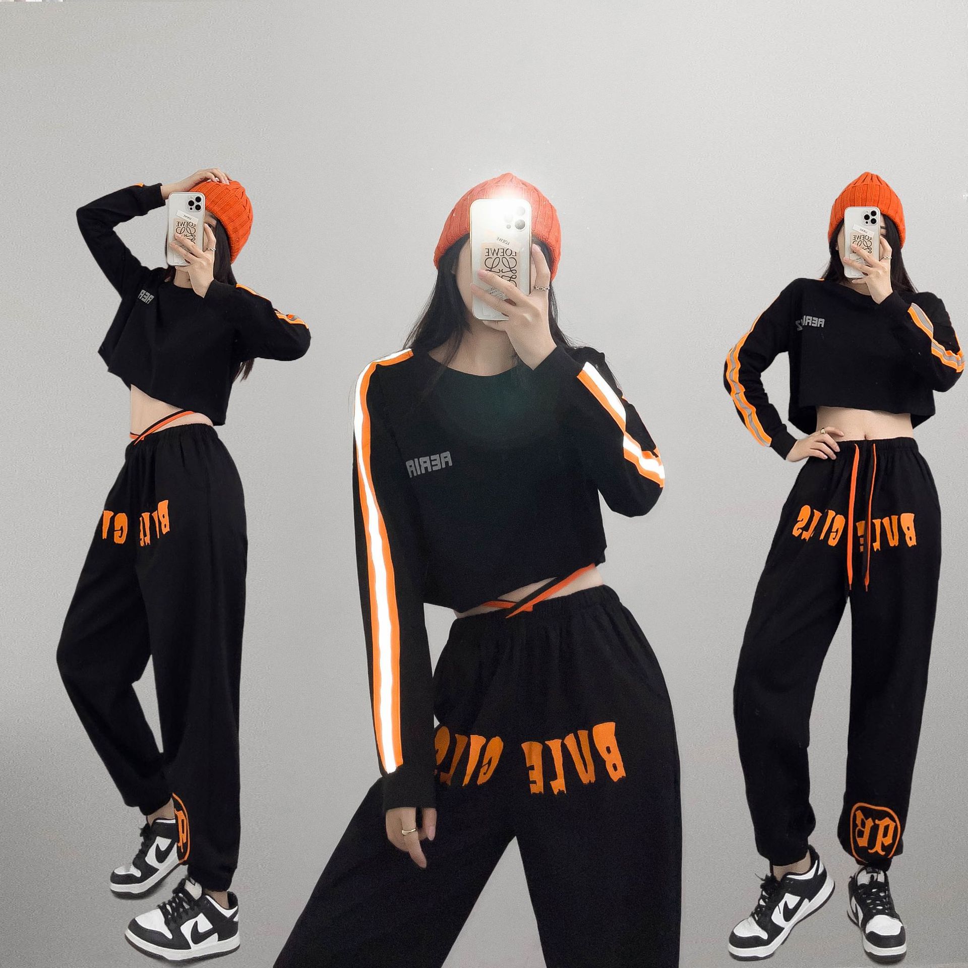 嘻哈街舞套装女2021春季新款假两件跳曳步舞服装时尚运动休闲两件