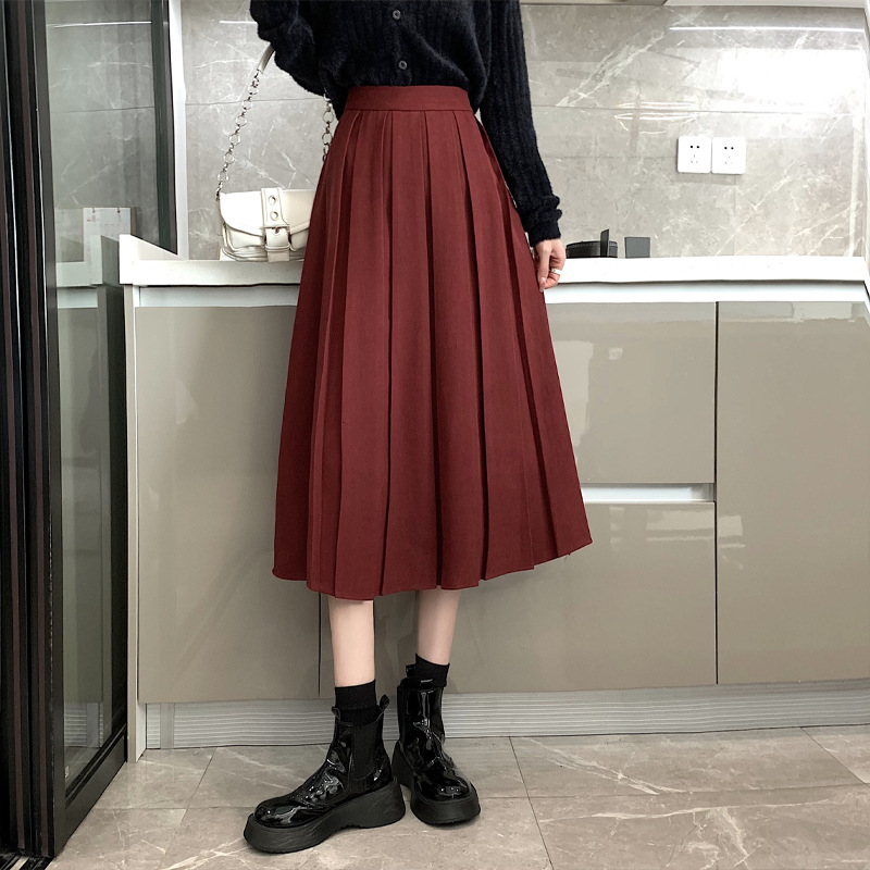 红色酒红色半身裙复古百褶裙女中长秋冬显瘦a字伞裙新年本命年裙