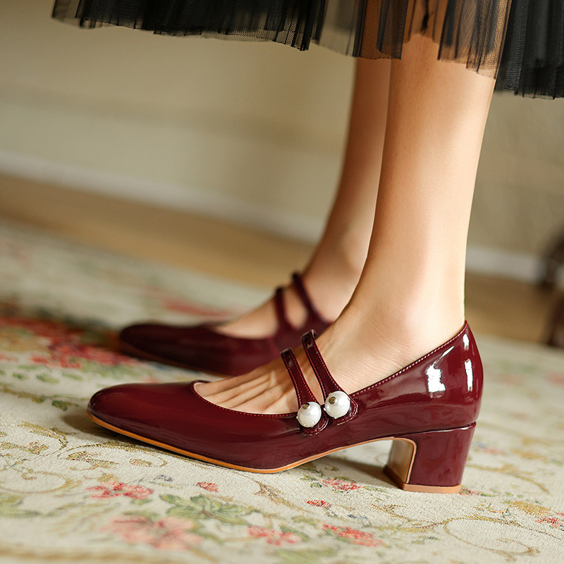 法式牛皮酒红色银色粗跟玛丽珍鞋圆头浅口中跟单鞋女双排扣高跟鞋