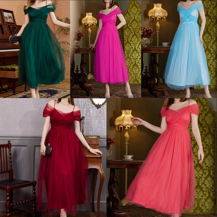 春夏欧美外贸新款网纱女装连衣裙性感一字领吊带系带婚礼伴娘礼服