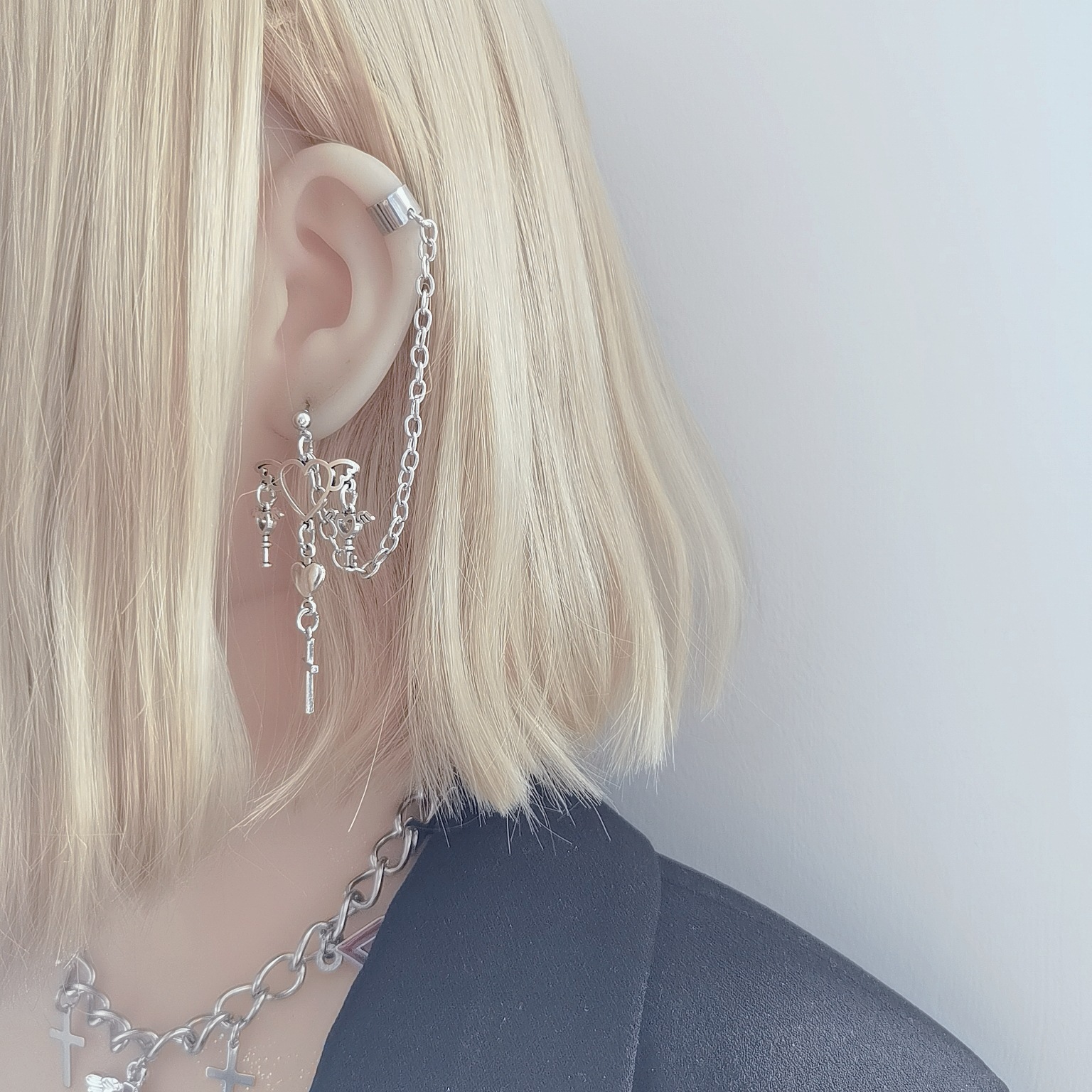手作地雷系暗黑亚文化链条耳骨夹耳饰萌病天使翅膀十字架钥匙耳环