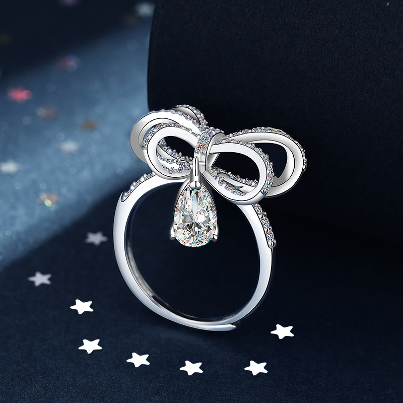 s925纯银超仙蝴蝶结戒指少女轻奢名媛丝带水滴钻戒满钻日韩开口戒