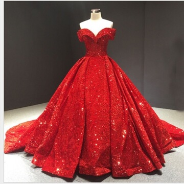 红色礼服新娘蓬蓬裙舞会一字肩梦幻拖尾婚纱礼服女独立站批发代发