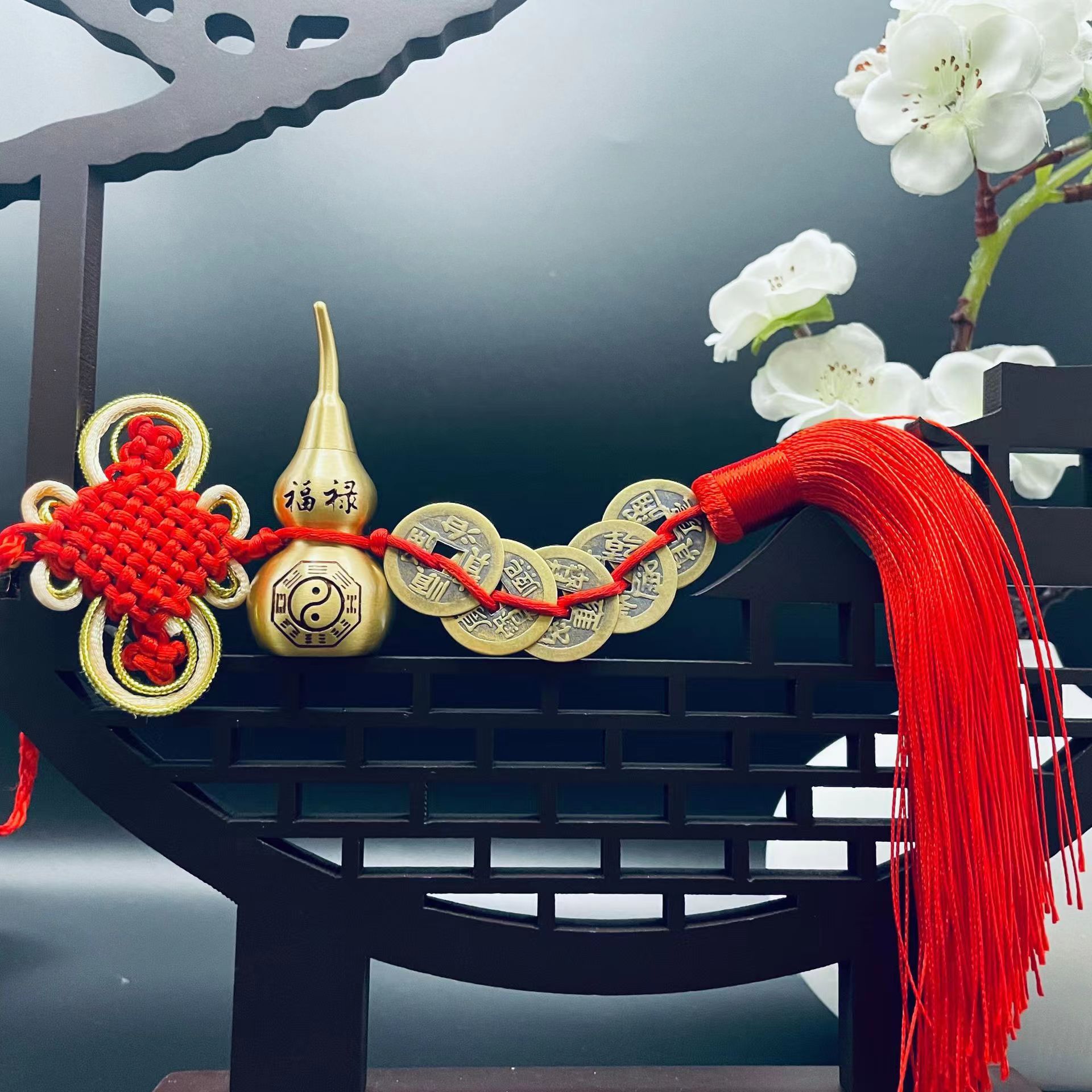 铜葫芦五帝钱八卦铜葫芦金边结招财进宝五帝钱家具化解门对门挂件