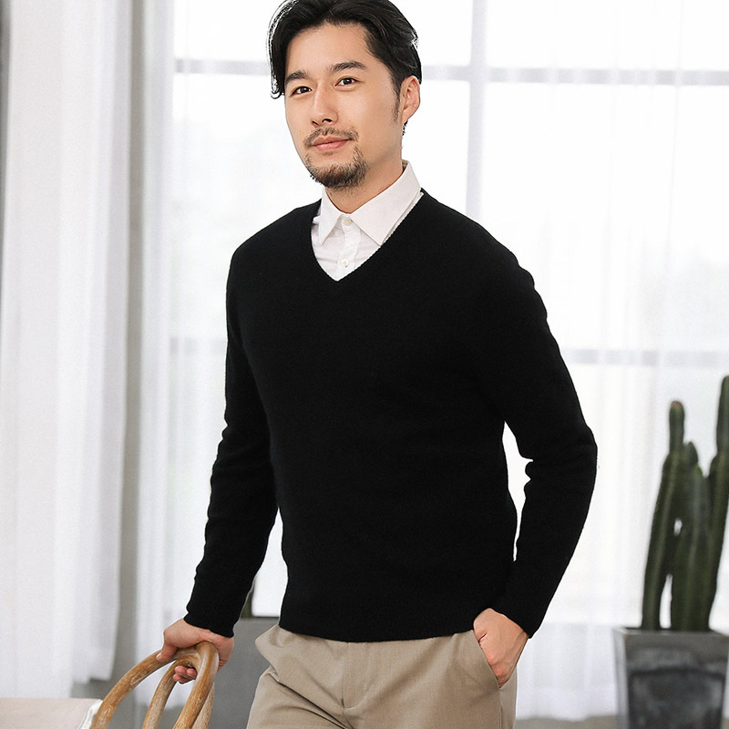 0成交0件21年秋冬v领圆领男士针织衫简约风百搭纯色套头毛衣打底商务