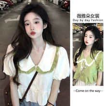 法式娃娃领短袖衬衫女夏季新款韩版设计感小众系带衬衣短款上衣