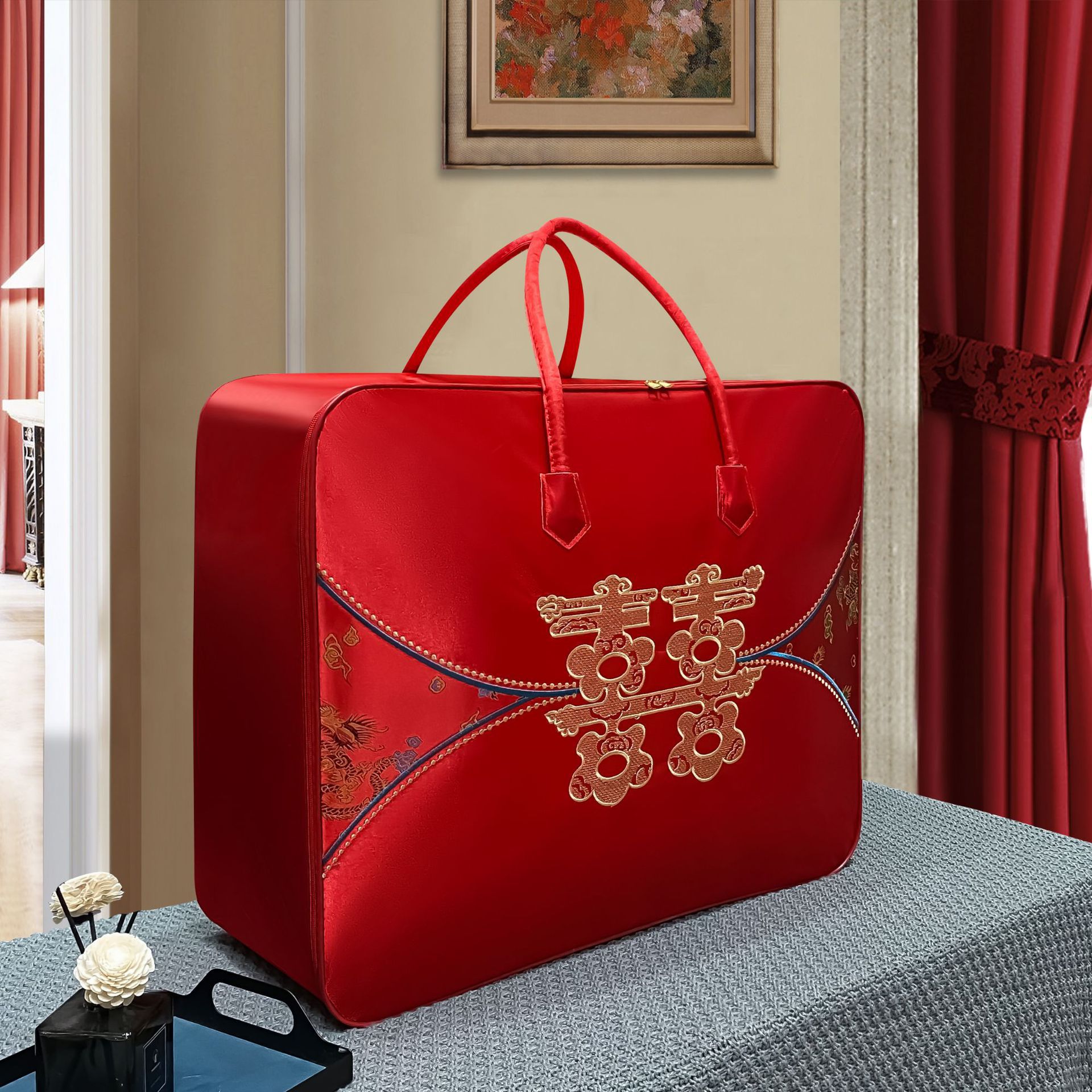 Wedding Quilt Festive Packaging Bag Wedding Red Quilt Four-Piece Thickened Oxford Cloth Portable Happy Quilt Buggy Bag