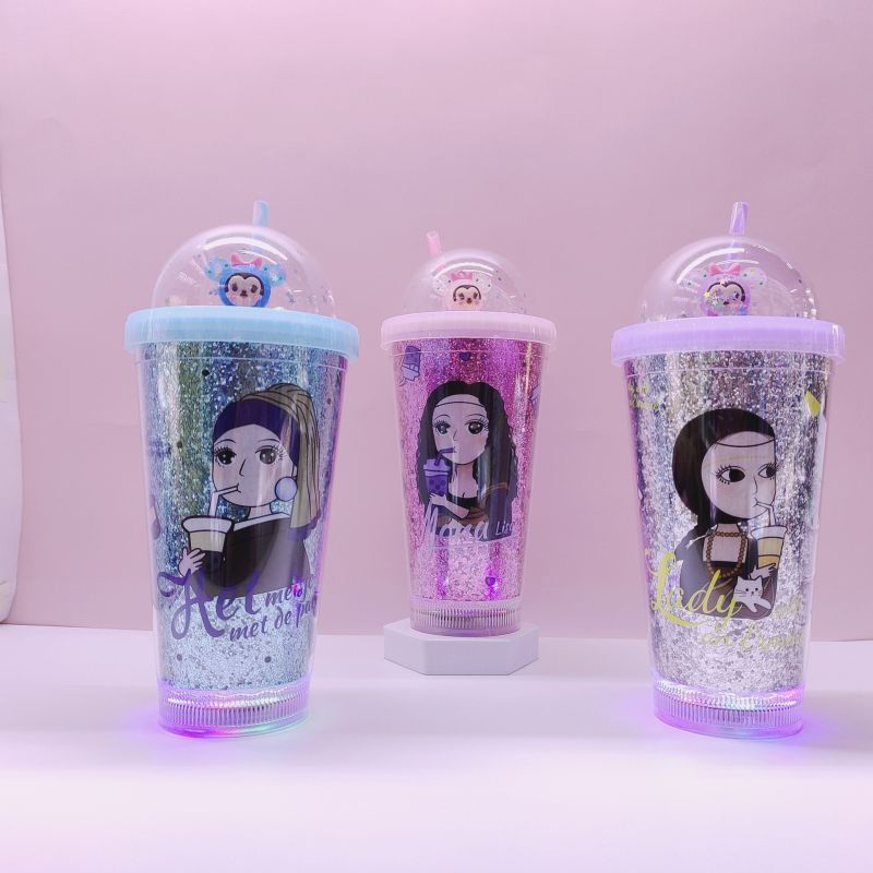 Cross-Border Factory Direct Supply Double Plastic Straw Cup Fashion Fishtail Milk Tea Girl Double-Layer Insert Cup