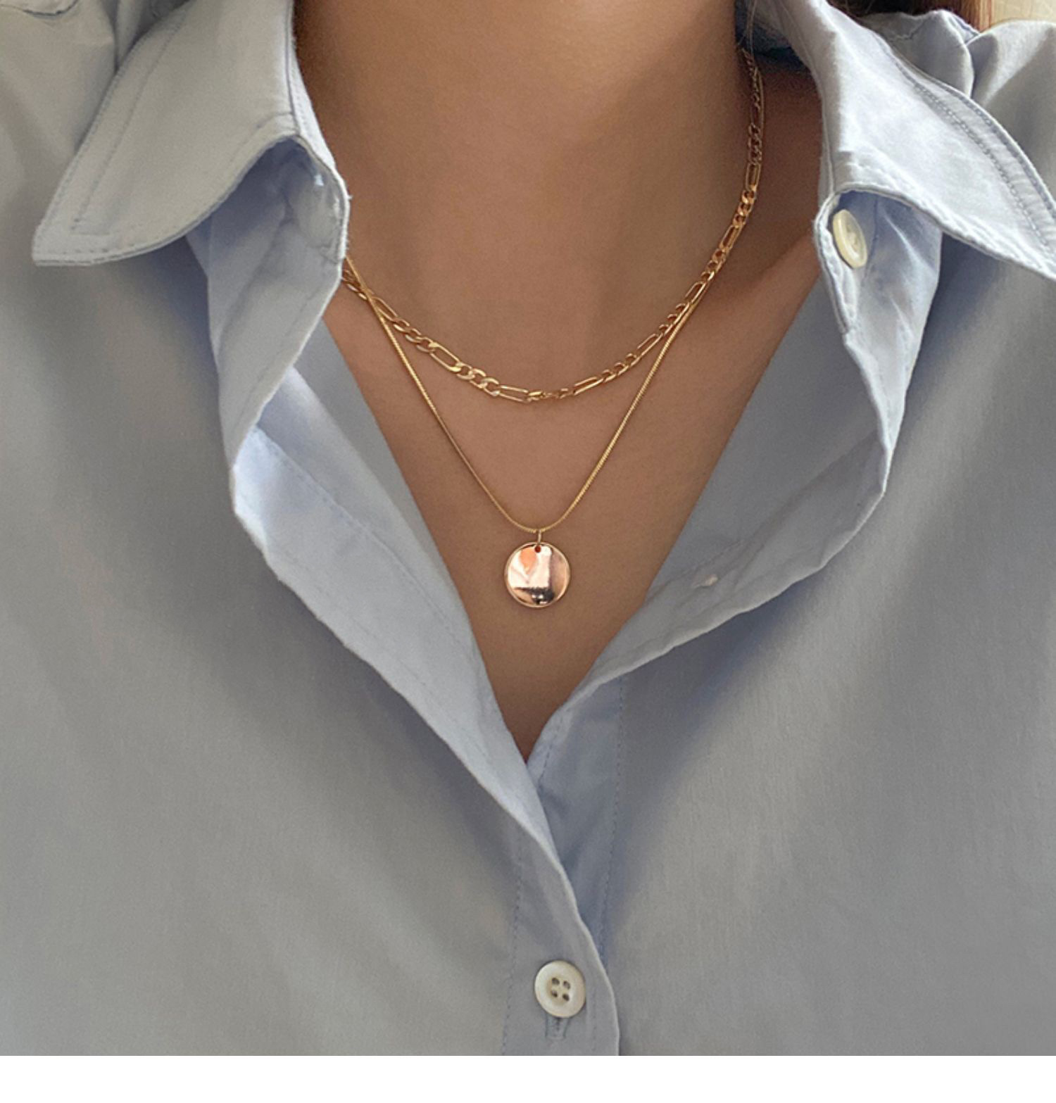 日韩双层叠戴圆牌吊坠古巴项链女轻奢小众设计感毛衣链圆片锁骨链