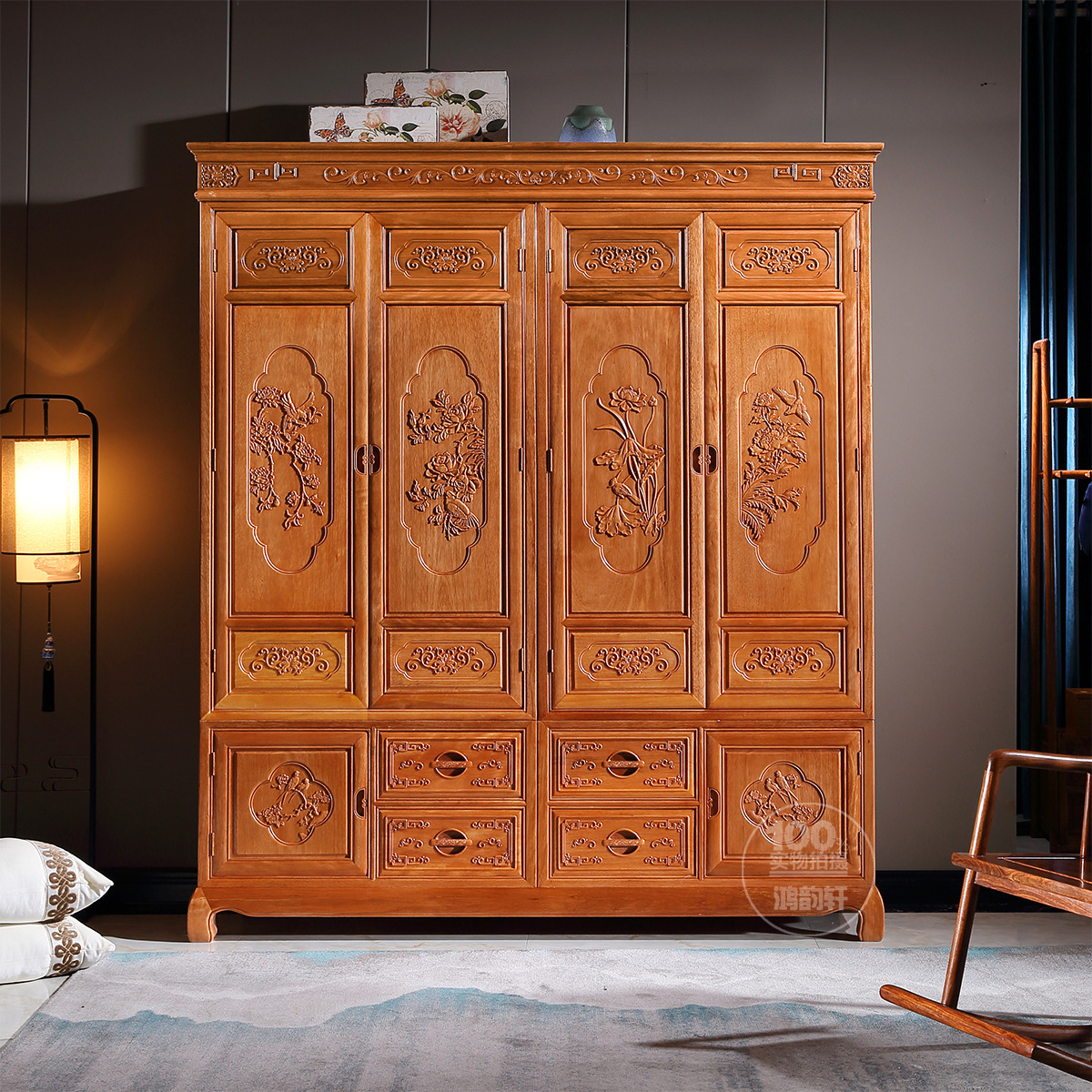 红木衣柜原木全实木金花梨木四门三门衣橱中式菠萝格古典中式家具