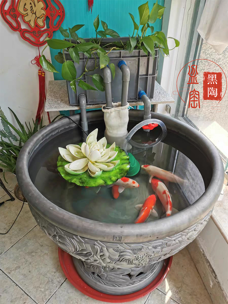家用鱼缸瓦缸古法养鱼无釉黑陶瓦盆室内养兰寿金鱼院子仿古门海缸