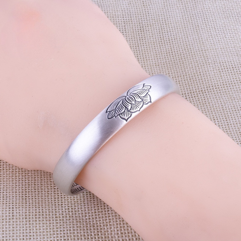 鲁银祥银楼足银9999莲花银手镯女男纯银实心银镯子送妈妈七夕礼物