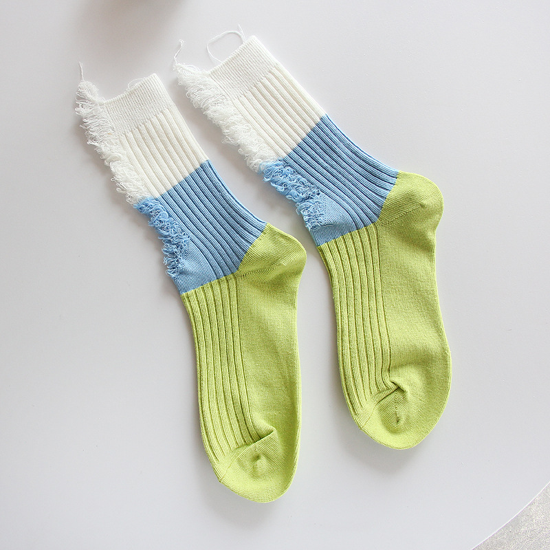 Spring and Summer New Ripped Socks Female Mid-Calf Length Loose Socks Color Matching Beggar Socks Contrast Color Long Socks Trend Double Needle Women's Socks