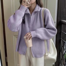 高级感超好看紫色针织开衫外套秋冬季2024新款加厚翻领拉链毛衣女