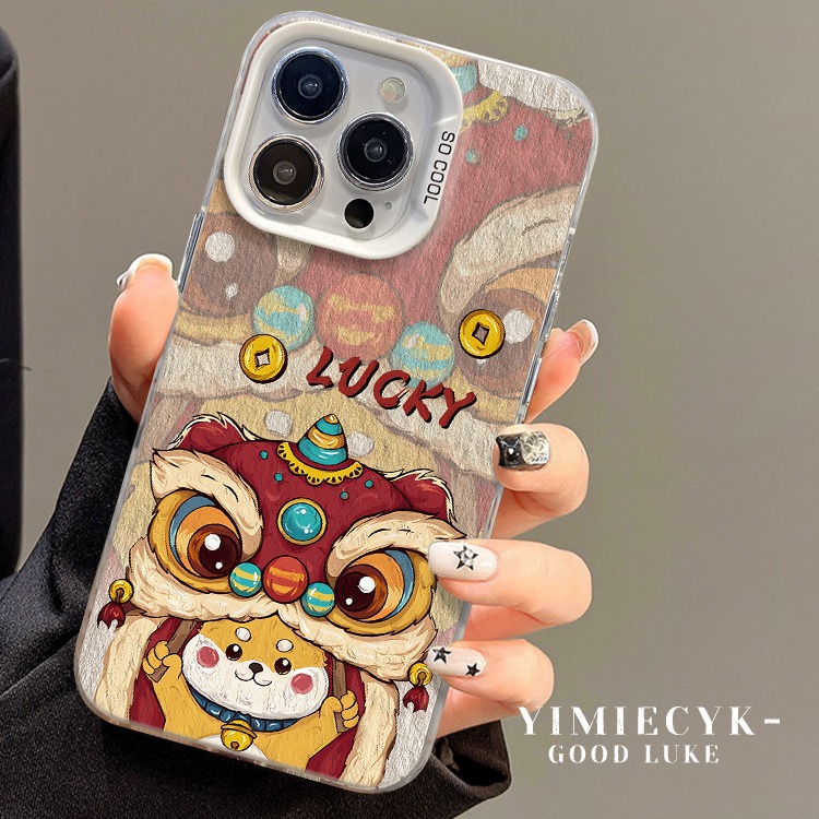 肌理醒狮适用苹果15promax手机壳iphone14彩银磨砂13国潮xs保护套