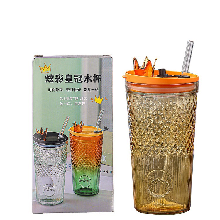 Internet Celebrity Colorful Crown Large Capacity Clear Glass Straw Glass Cup Advertising Cup Gift Cup