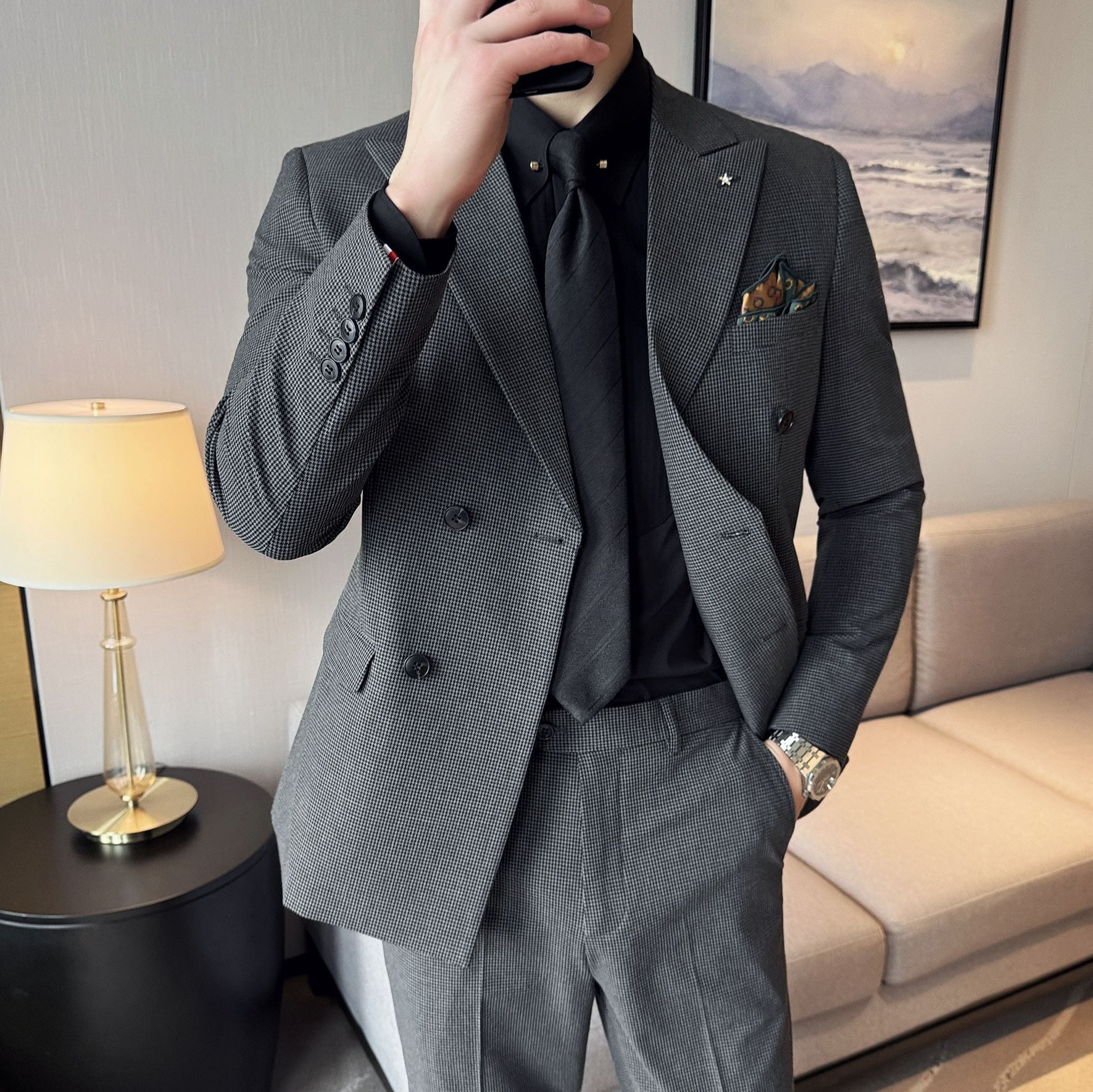 戗驳领男士双排扣西服套装男礼服修身商务休闲小千鸟格西装两件套