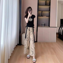 新中式国风休闲运动套装女2024夏季短袖T恤阔腿裤时尚两件套现货