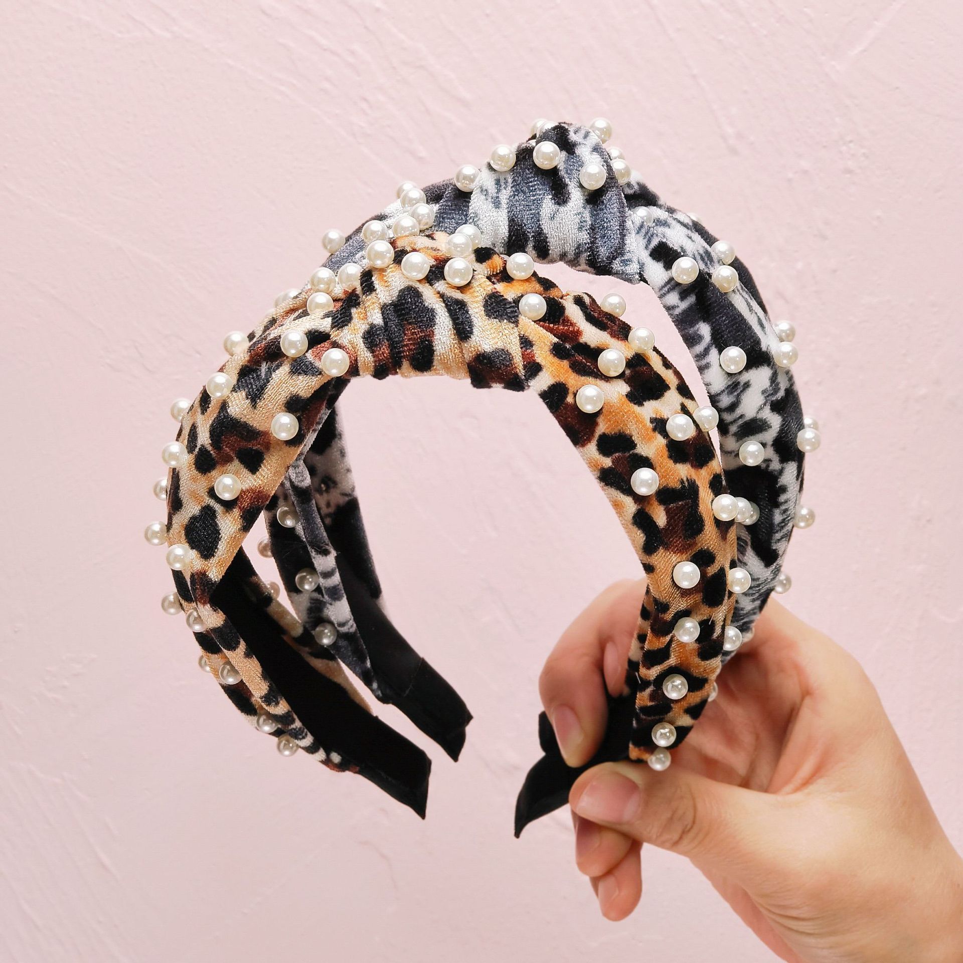 豹纹珍珠打结发箍 豹纹绒布珍珠发箍 珍珠头箍-阿里巴巴