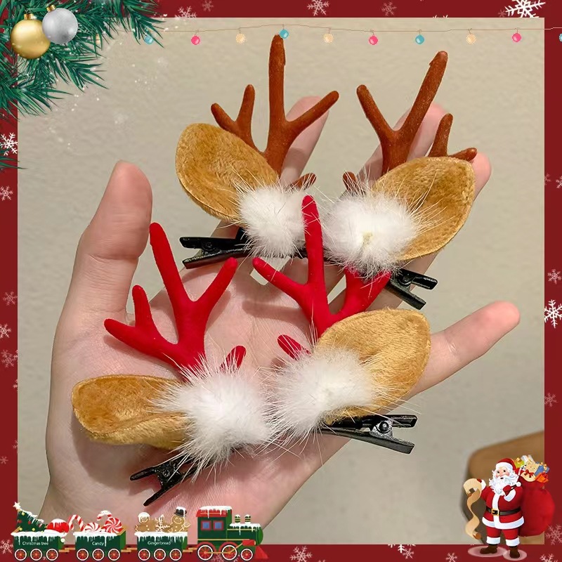 Christmas Headwear Barrettes Elk Horn Hairpin Adult Super Fairy Mori Girl Christmas Clip Subnet Red a Pair of Hairclips Hair Accessories