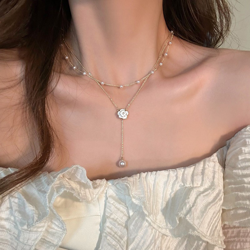 Double-Layer Pearl Camellia Necklace for Women Summer Light Luxury Niche Design High-Grade Sense Neck Chain Tassel Clavicle Chain Accessories