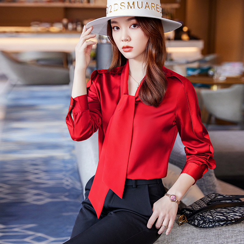 高端洋气时尚红色衬衫女长袖春装2022新款设计感小众飘带衬衣上衣