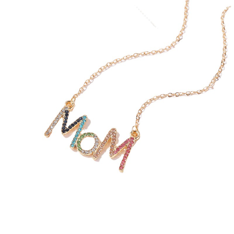 European and American New Fashion Women's Diamond Mom Letter Pendant Necklace Simple Colorful Crystals Mother's Day Necklace Gift