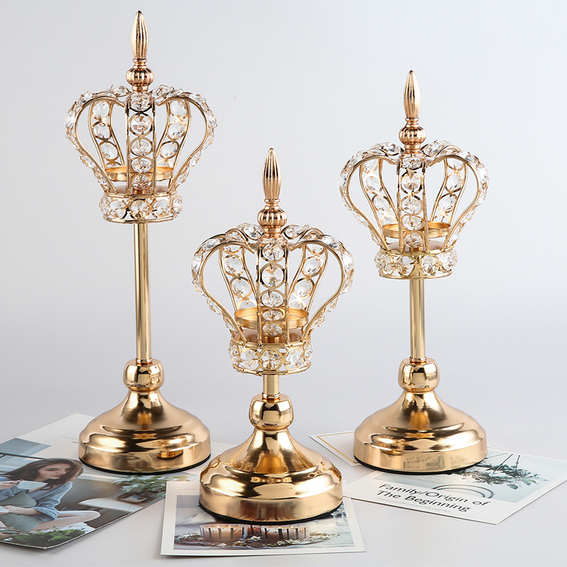 European-Style Crown Candlestick Decoration Wedding Props Home Decoration Electroplating Handmade Iron Crystal Candlestick Factory Direct Sales