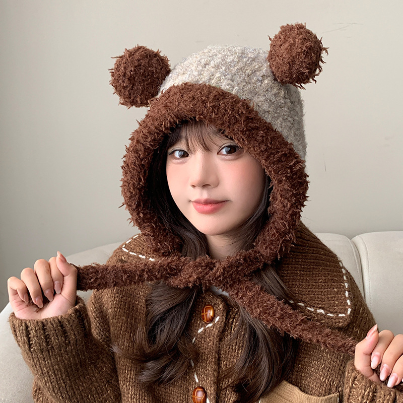 新款小熊耳朵帽子女秋冬季韩版可爱加厚保暖毛绒帽骑车护耳帽