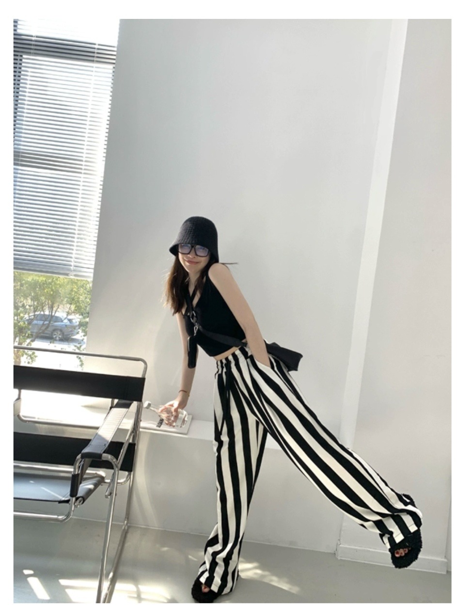 qrmabv 黑白竖条纹条纹宽松抽绳裤子垂感阔腿休闲裤女2022新款