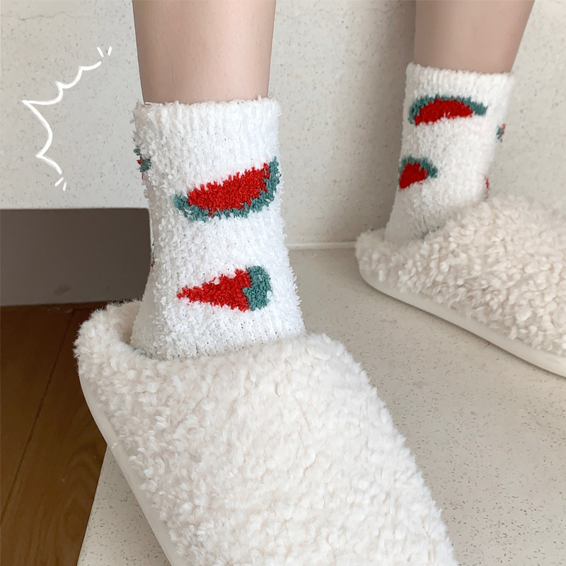 Coral Fleece Socks Female Fruit Mousse Tide Female Middle Tube Socks Winter Thickened Velvet Padded Home Confinement Sleeping Socks