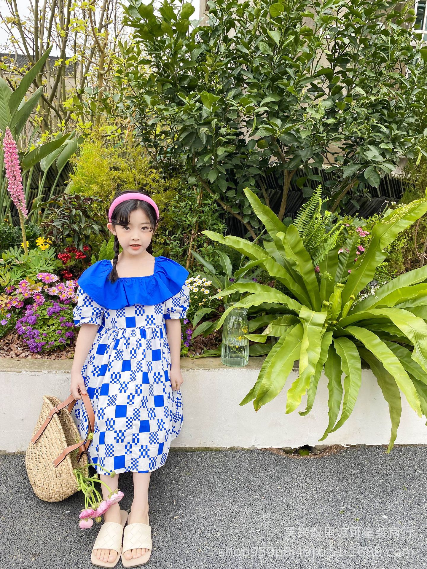 女童网红裙子爆款儿童夏季原创绿色翻领连衣裙小女孩格子公主裙