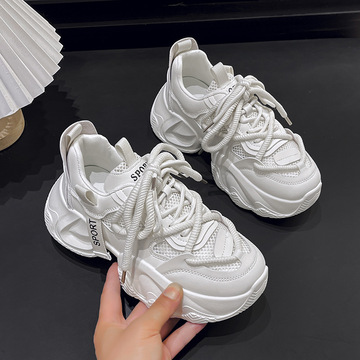 女鞋厚底老爹鞋女款2024新款夏季透气增高鞋白色休闲运动鞋子