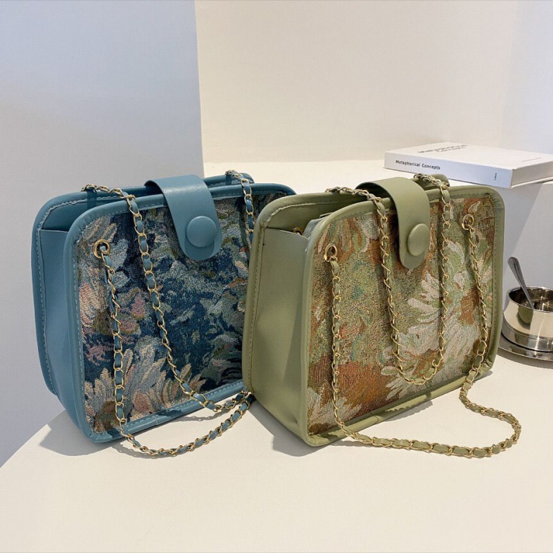 港风复古包法式设计莫奈花园油画链条斜挎包包女秋单肩手提包代发