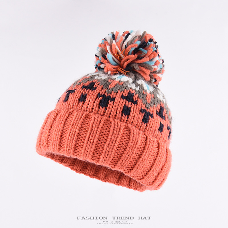 秋冬季提花针织帽女加厚保暖混彩色毛球毛线帽韩版跨境包头帽子男