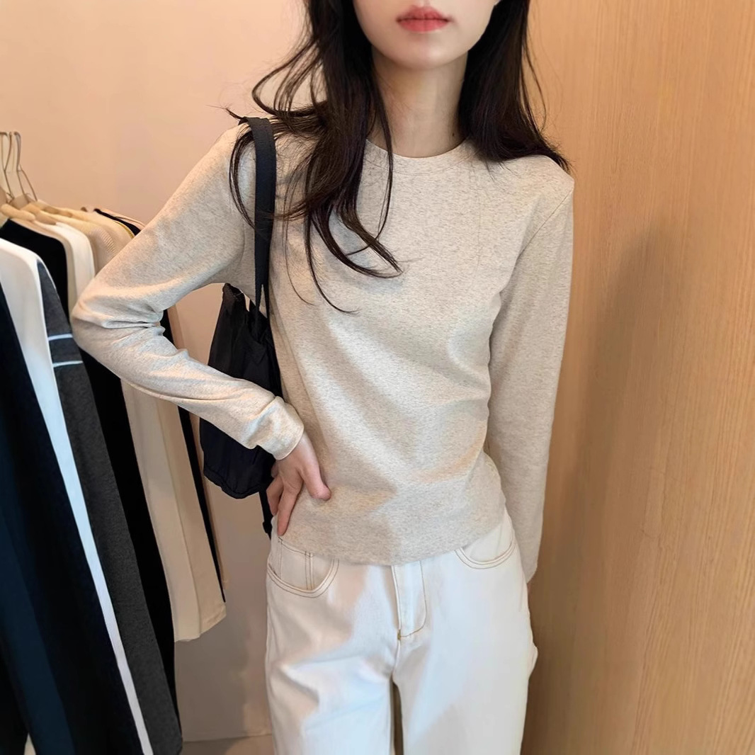 40支棉圆领纯色打底衫女春秋冬新款叠穿内搭修身长袖t恤上衣女