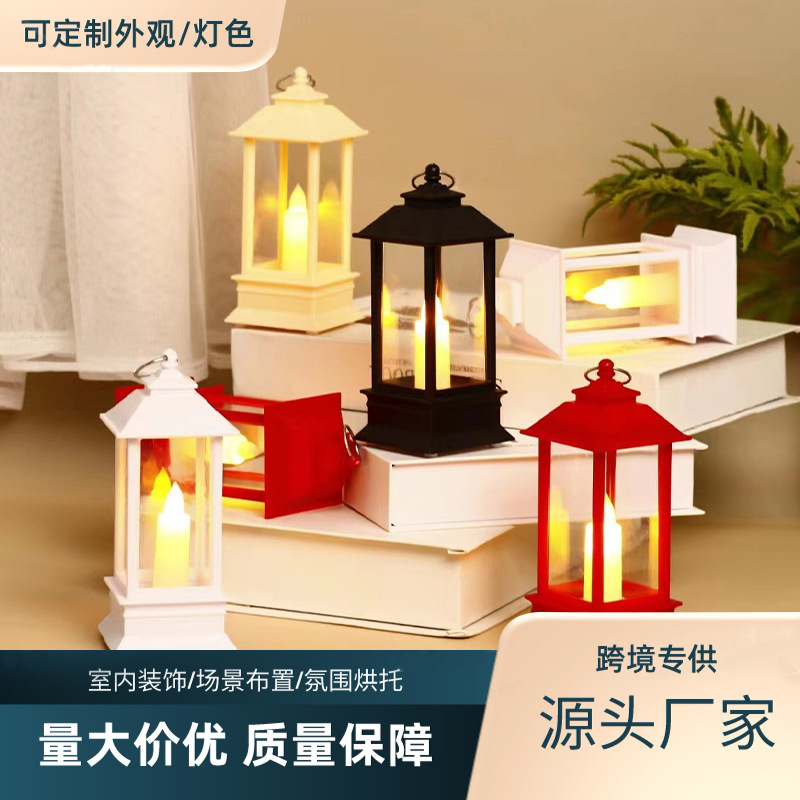 Cross-Border Retro Square Small Lantern Small Oil Lamp Electric Candle Lamp Plastic Night Lamp Decoration Storm Lantern